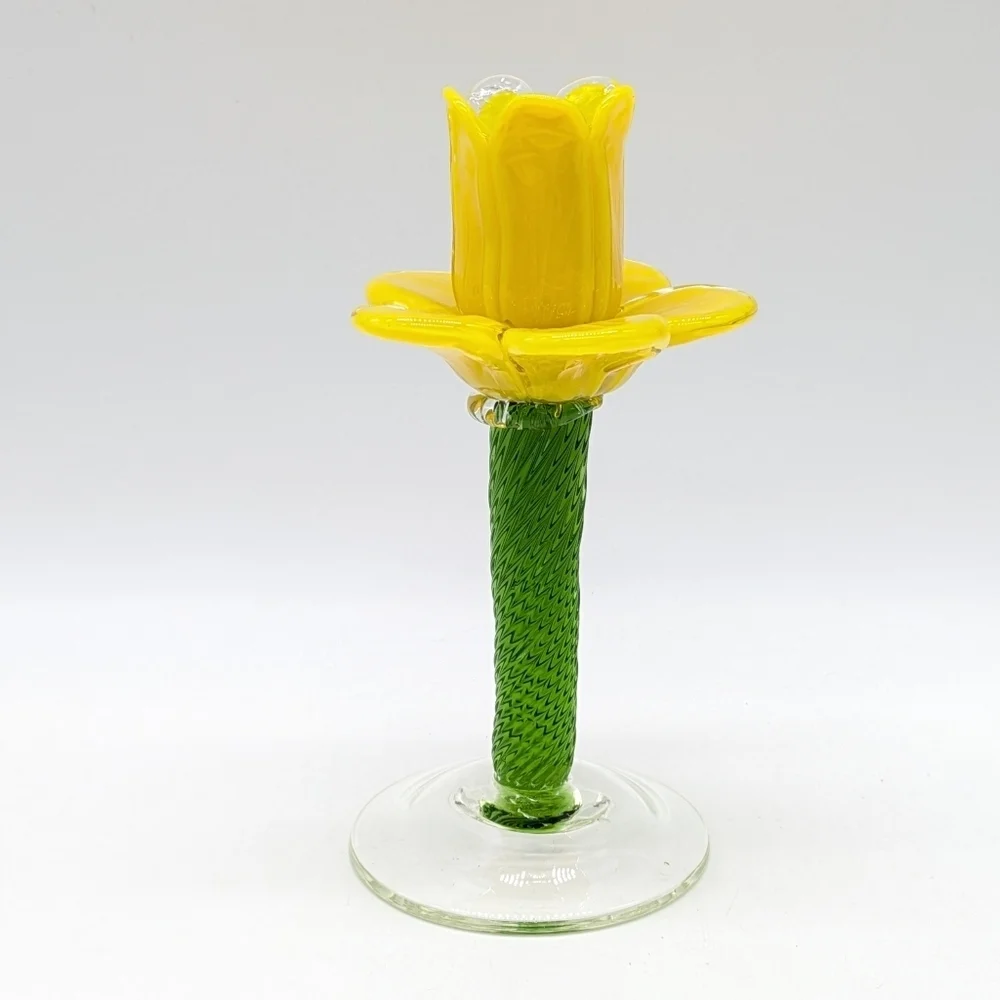 Handblown Yellow Daffodil Green Floral Glass Candlestick Holder
